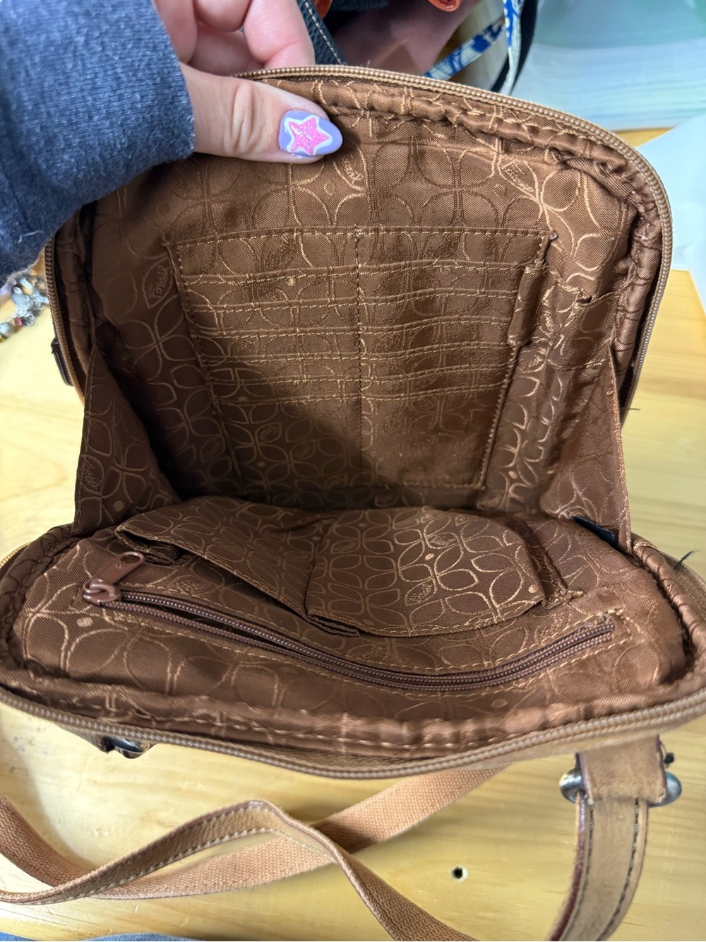 Fossil Vintage Pebbled Leather Crossbody Organizer Purse Cognac Brown Tan Bag - Picture 5 of 6